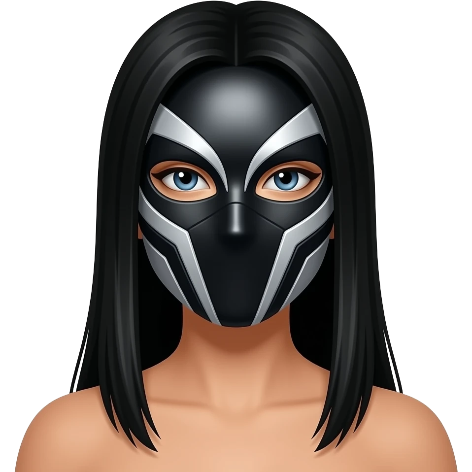 Mascara  de luchador de mujer que se le vea el cabello negro largo y lacio, la mascara negro con plateado con diseño como si fuera un androide un Ciborg que sea simétrico que no se le vea el torso al emoji emoji