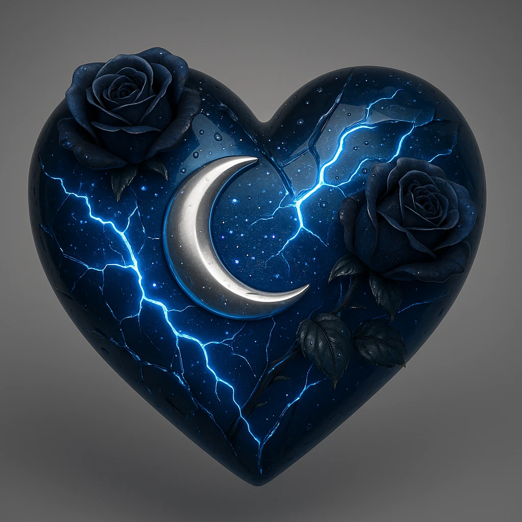 Create a gothic heart made of deep blue glass with a silver crescent moon, blue-black roses, iridescent stardust, neon blue lightning, wet and splintered glass. The style should emulate the 3D emoji style with a focus on depth and shine. emoji