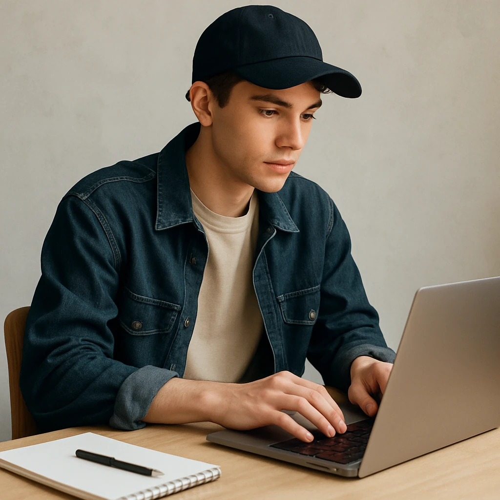 youthful designer in a baseball cap, working on a laptop, trendy outfit emoji