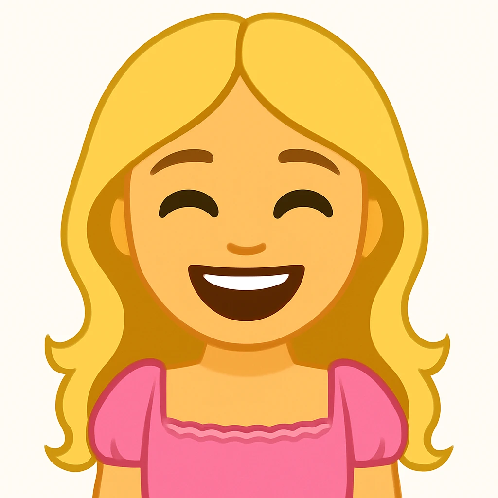 Create an iOS emoji style image of a blonde with long hair, green swamp eyes, and a pink pastel dress with a laughing expression. Keep all facial features, clothes, and hairstyle from the reference image. emoji