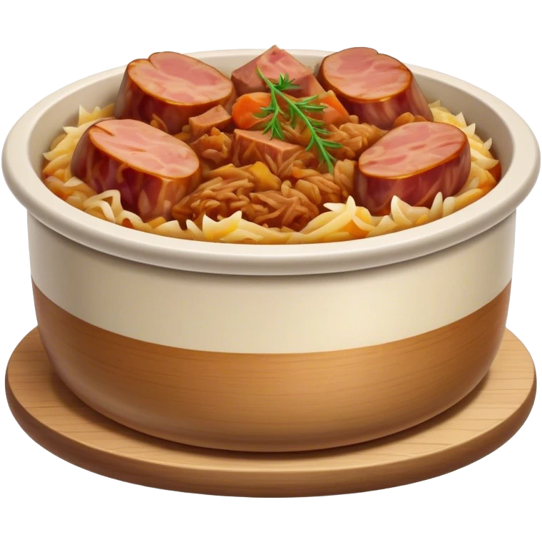 Cinematic Realistic Bigos Dish Emoji, showcasing a hearty stew of sauerkraut and meats rendered with rich textures and dynamic, rustic lighting. emoji