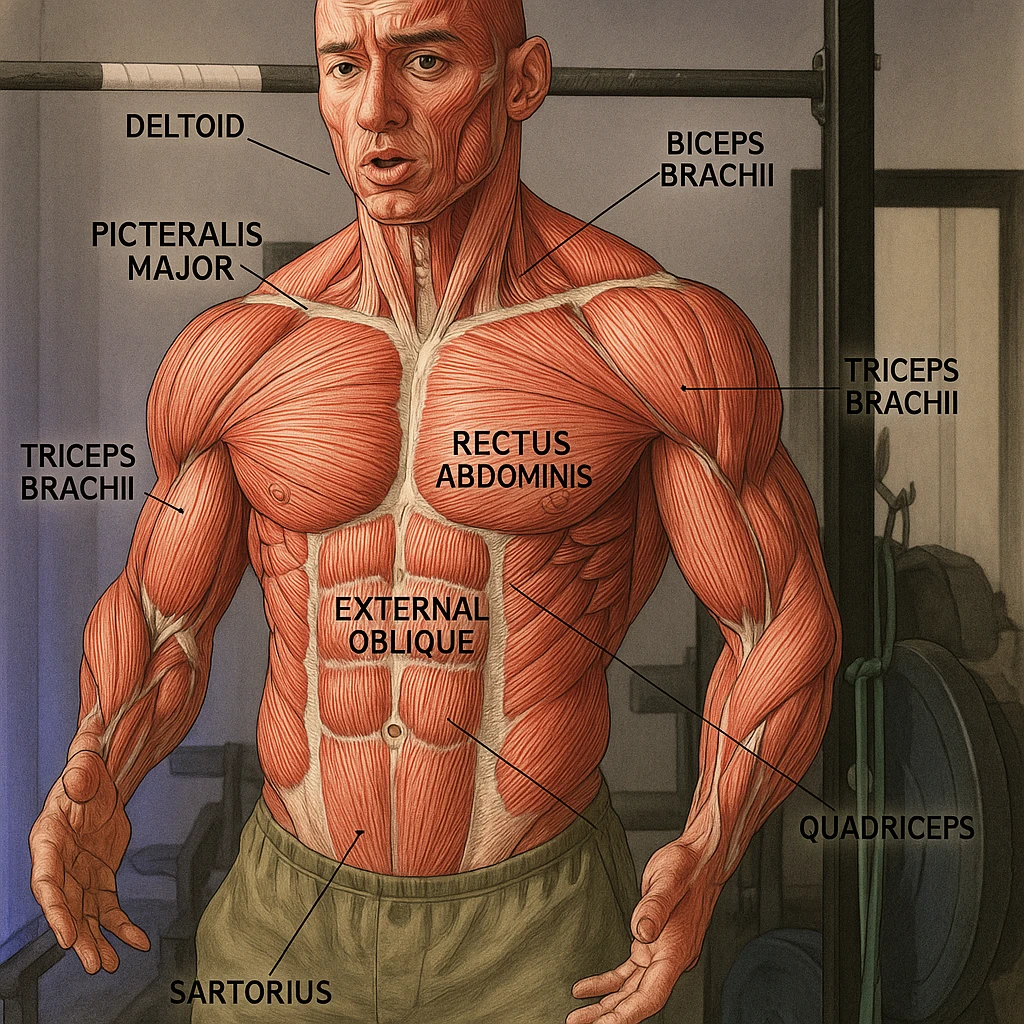 Highlight the muscle fibers of the man's body in the reference photo in a realistic anatomical style, maintaining the original pose and expression. Highlight muscle fibers and label the main muscle groups. emoji