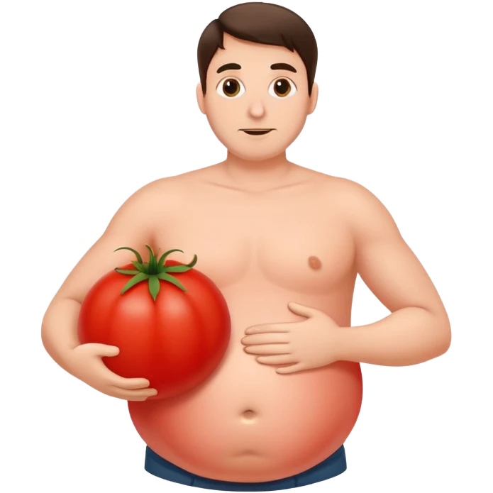 man with a large red tomato as his belly emoji