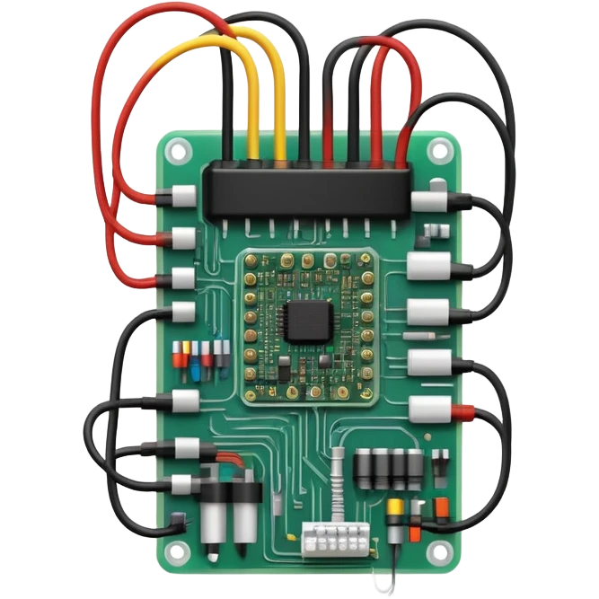 An icon featuring a circuit board, electrical wires, symbolizing electrical engineering. The design includes resistors, capacitors, and a power transformer, representing the study of electrical systems and innovation. Transparent background highlights modern electrical technology emoji