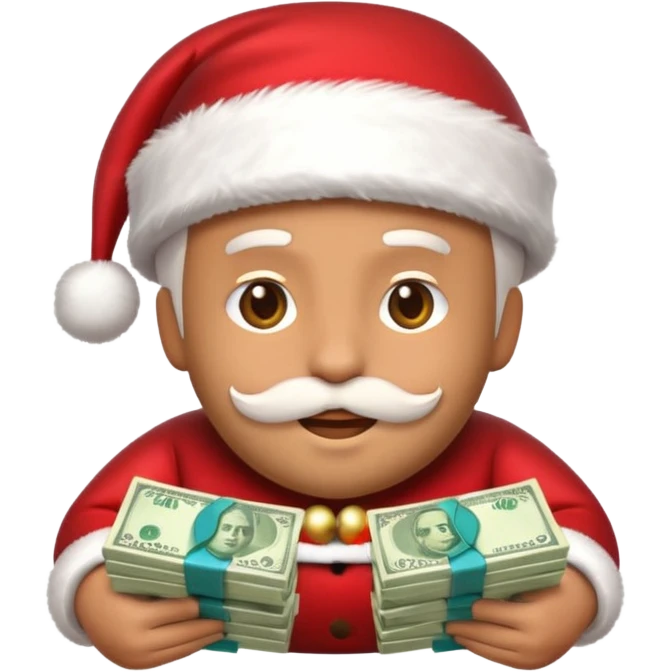 A confident rich emoji face wearing a Santa hat, money stacks, casino vibe, New Year theme, premium 3D emoji style, sharp details, no text, isolated on transparent background emoji