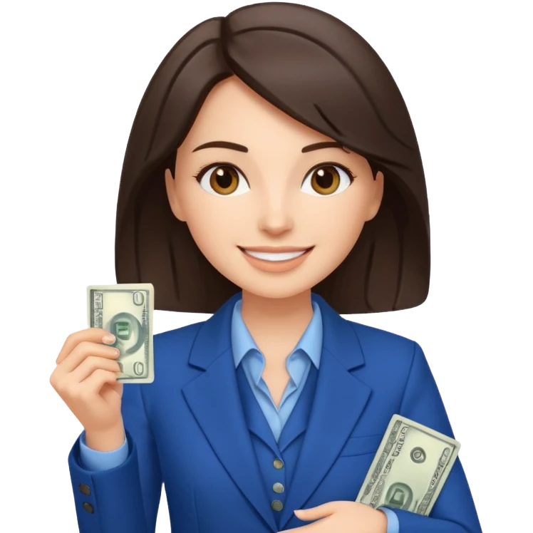 brunet Woman wearing blue suit holding dolar emoji