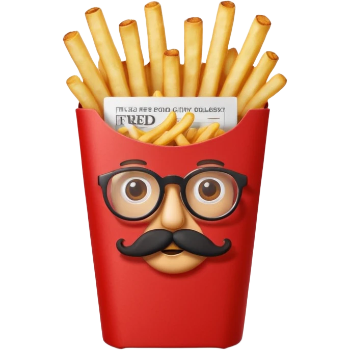 long slim crispy fries in a red carton, carton has eyes and mustache and glassess emoji