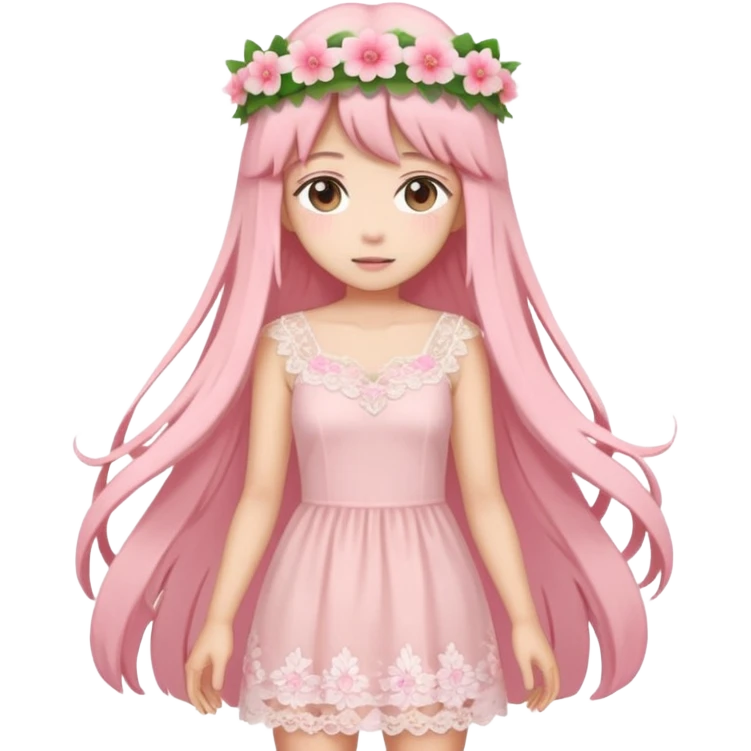 pastel anime woman with pink and white lace dress full body and long hair with flower crown emoji