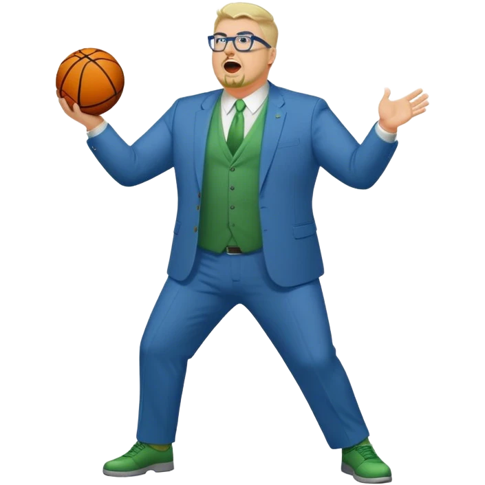 Full Body plus size white male yelling basketball team manager with glasses blondish gray short hair with a goatee wearing blue and green suit emoji