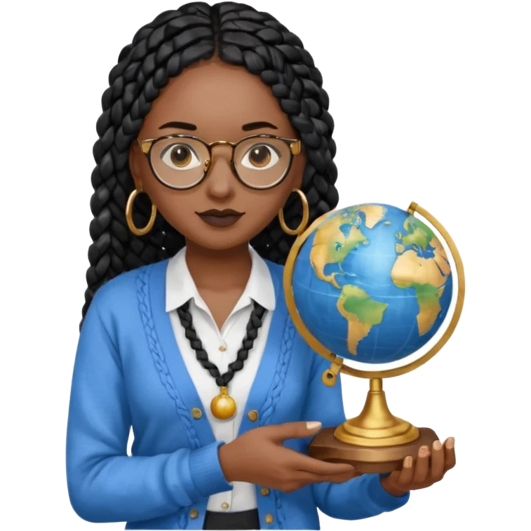 a-young-woman-wearing-fine-gold-round-glasses-and-black-hair-in-several-box-braids,-she-has-light-black-skin,-and-she's-wearing-a-white-shirt-with-an-blue-cardigan-on-top.-she's-holding-a-globe-in-one-hand.png emoji