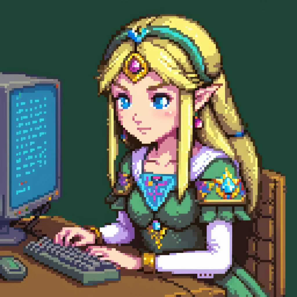 Princess Zelda sitting at computer typing code emoji