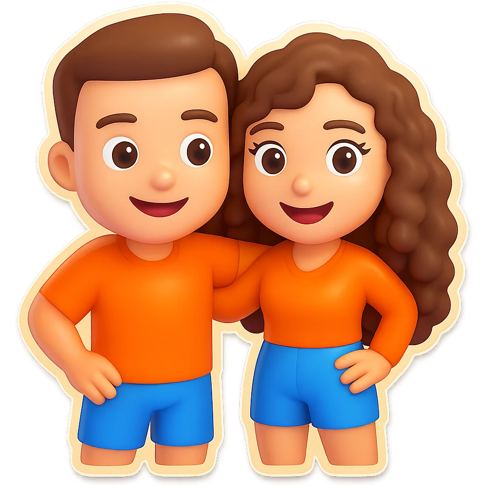 3D cartoon male and female characters with white skin and brown hair; male with short fade haircut, female with long natural curls, giving each other a side hug and smiling, Bitmoji-like style suitable for emoji use, transparent background. emoji