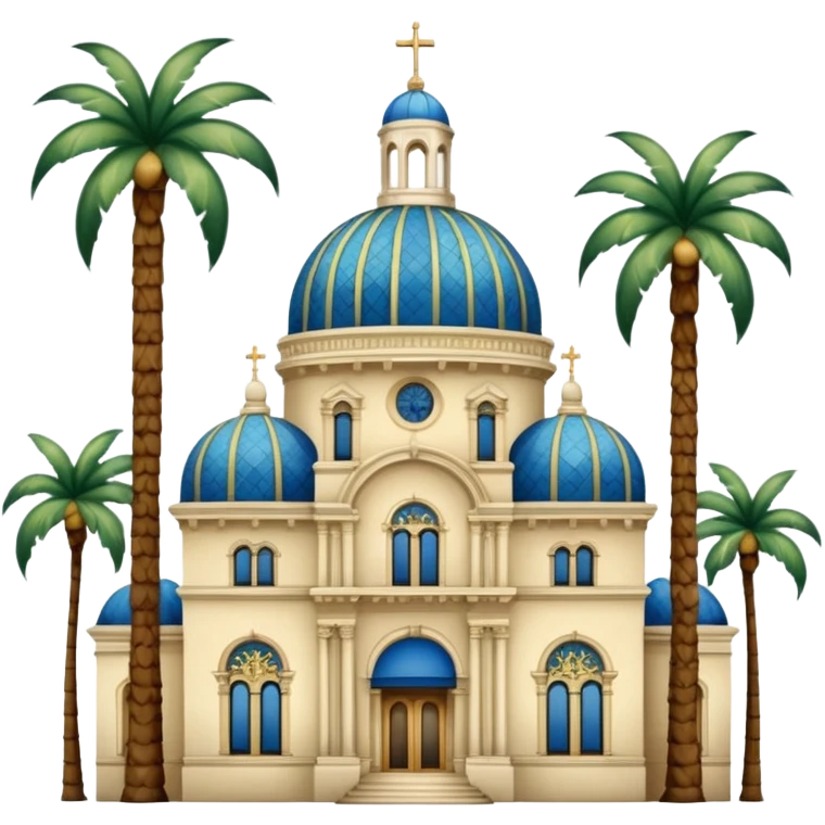 California Building with ornate blue, gold, and green tile dome and adjoining slender California Tower, Spanish Colonial Revival style, baroque details, palm trees, simple, no text, white background emoji