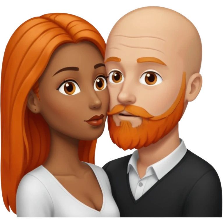Brown eyed black women with long balayage brown hair. She is kissing a bald white man. The white and has orange facial hair and a long orange beard emoji