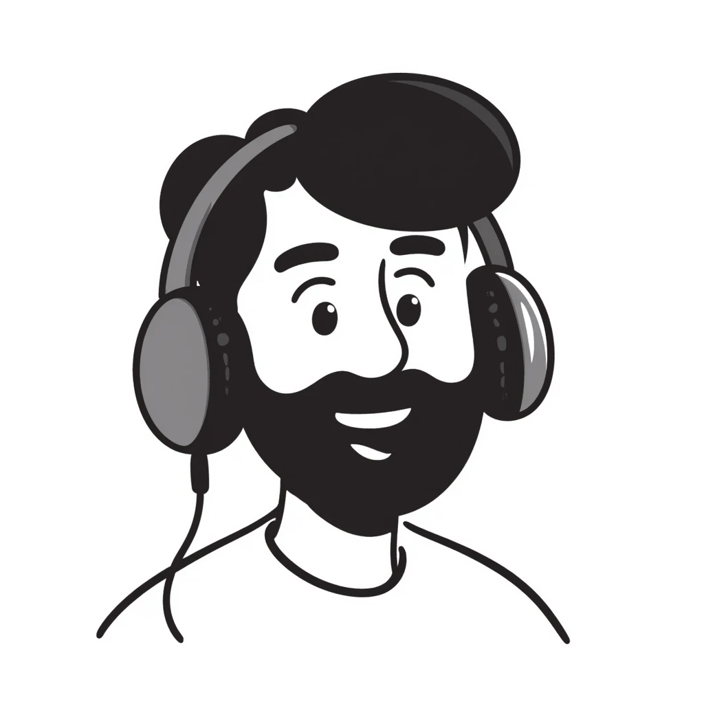 anime style laughing man with black hair, brown eyes, black beard wearing gaming headset emoji