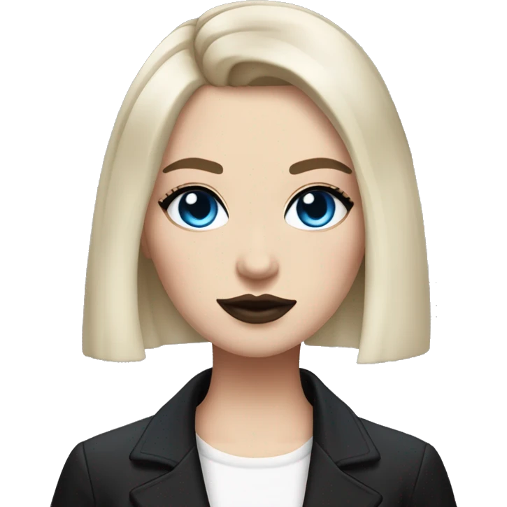 Slavic adult woman, goth eyes makeup, pink lips, blue eyes, medium bob black-to-blonde ombre hair, white T-shirt and black office jacket. emoji