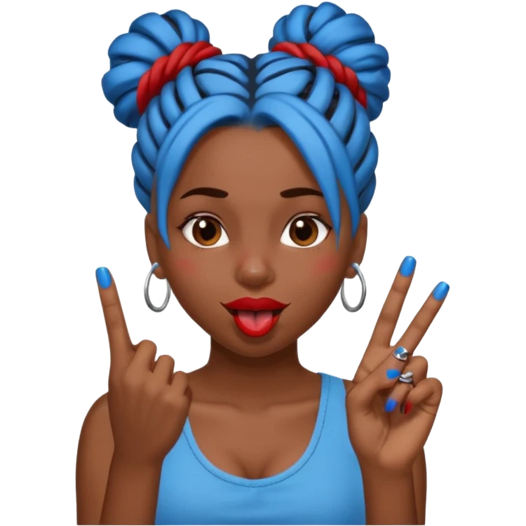 brown girl with blue locs in a bun with tongue out and red nails showing middle finger emoji