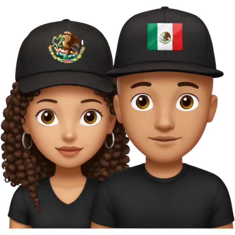 A picture of a cute tanned couple. the man is Mexican, with a bald hair cut wearing a SnapBack hat and a black shirt. the woman is mixed, she has curly longer dark brown hair, thicker and with big boobs  emoji