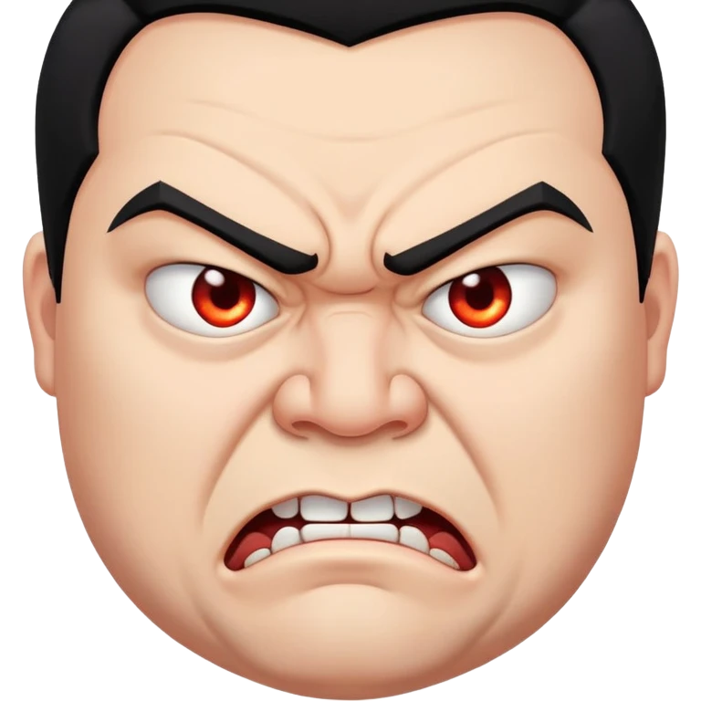 young angry fat man in profile view with black hair, fangs, crossed eyes emoji