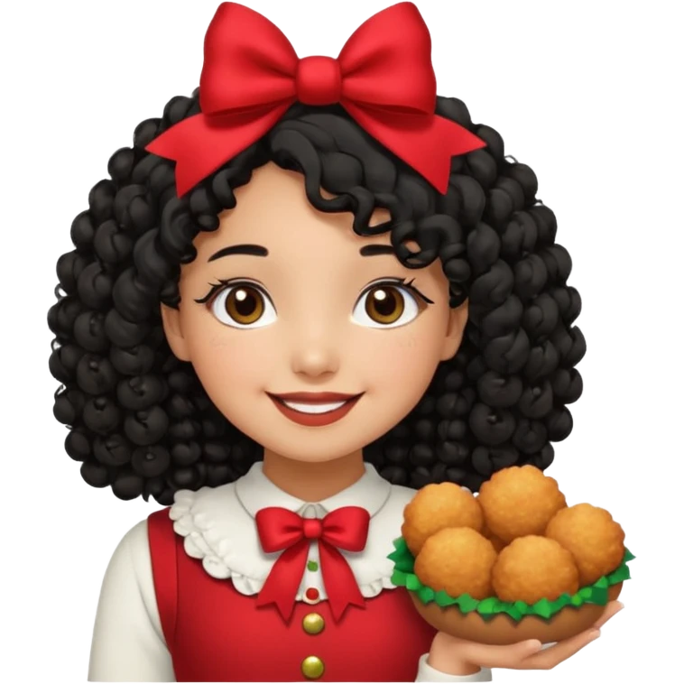 cute girl tan skin, curly black hair chin length, middle part, long eyelashes, cute cheeks, 5'2, outfit croquette style with bows and christmas theme, smiling,  no bangs emoji