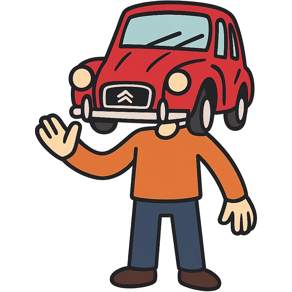 flat toon style body with a French car face, cartoonish emoji