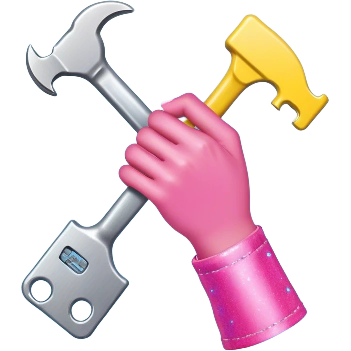 Yellow hand with bright pink fingernails holding a silver wrench. The hand is wearing what appears to be a blue sleeve or cuff at the wrist. The entire composition is set against a light blue square background with small pink sparkle or star elements emoji