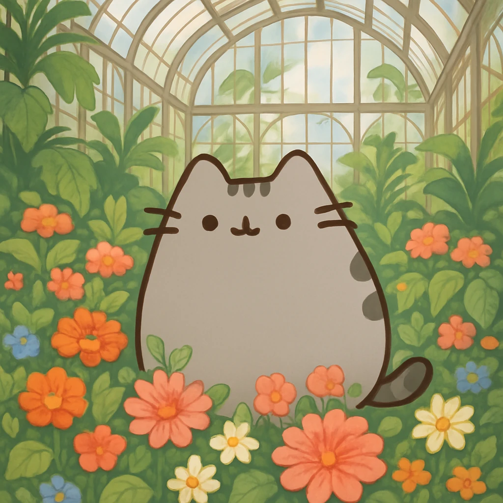 pusheen cat surrounded by flowers in a botanical garden greenhouse emoji