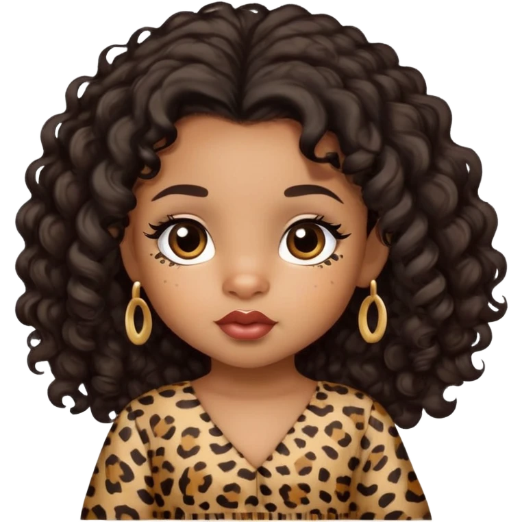 light brown skin tone, very adorable toddler, with big plump lips, long long lashes, black curly hair, middle hair parting, brown eyes, leopard print dress emoji