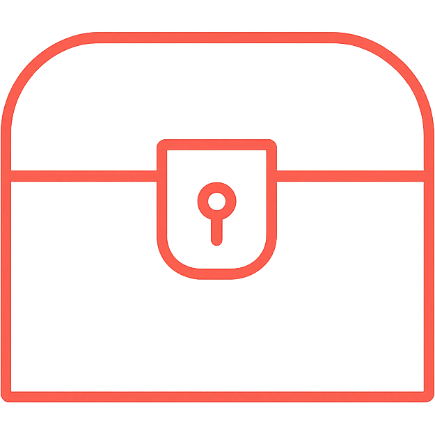 the absolute bare minimum representation of a treasure chest using only thin red lines, extremely minimal with just enough to suggest the shape, about 10-15% red coverage, mostly transparent emoji
