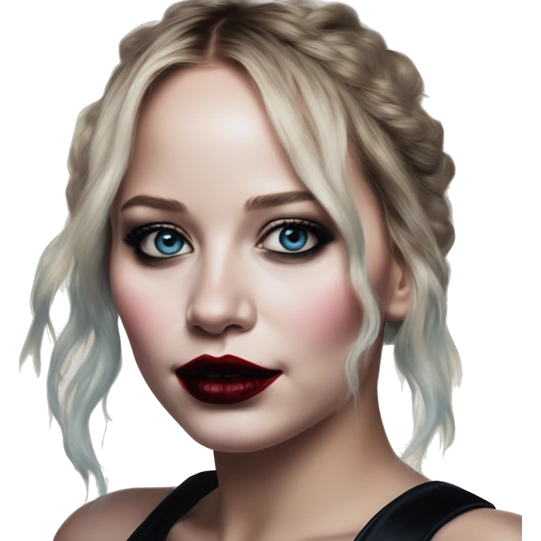 Barcelona Jennifer Lawrence in Harley Quinn style, oil paint, mysterious eyes, intricate lips, masterpiece portrait, odd perspective, beautiful, desirable, logical emoji