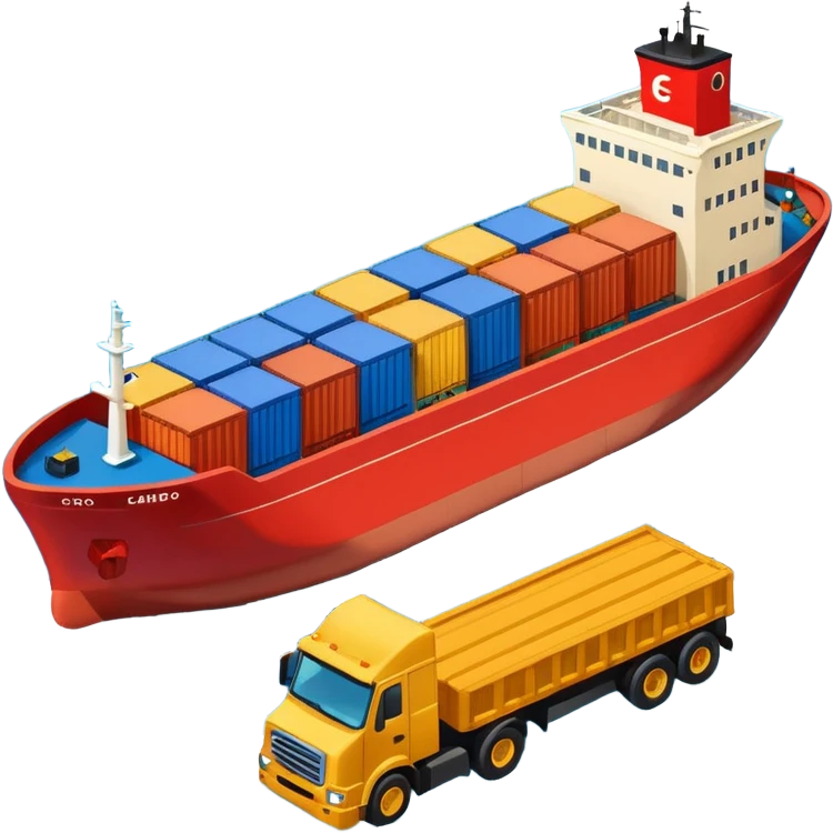 top view of a cargo ship, a truck, and a corporate building side by side, clear symbols, friendly colors emoji