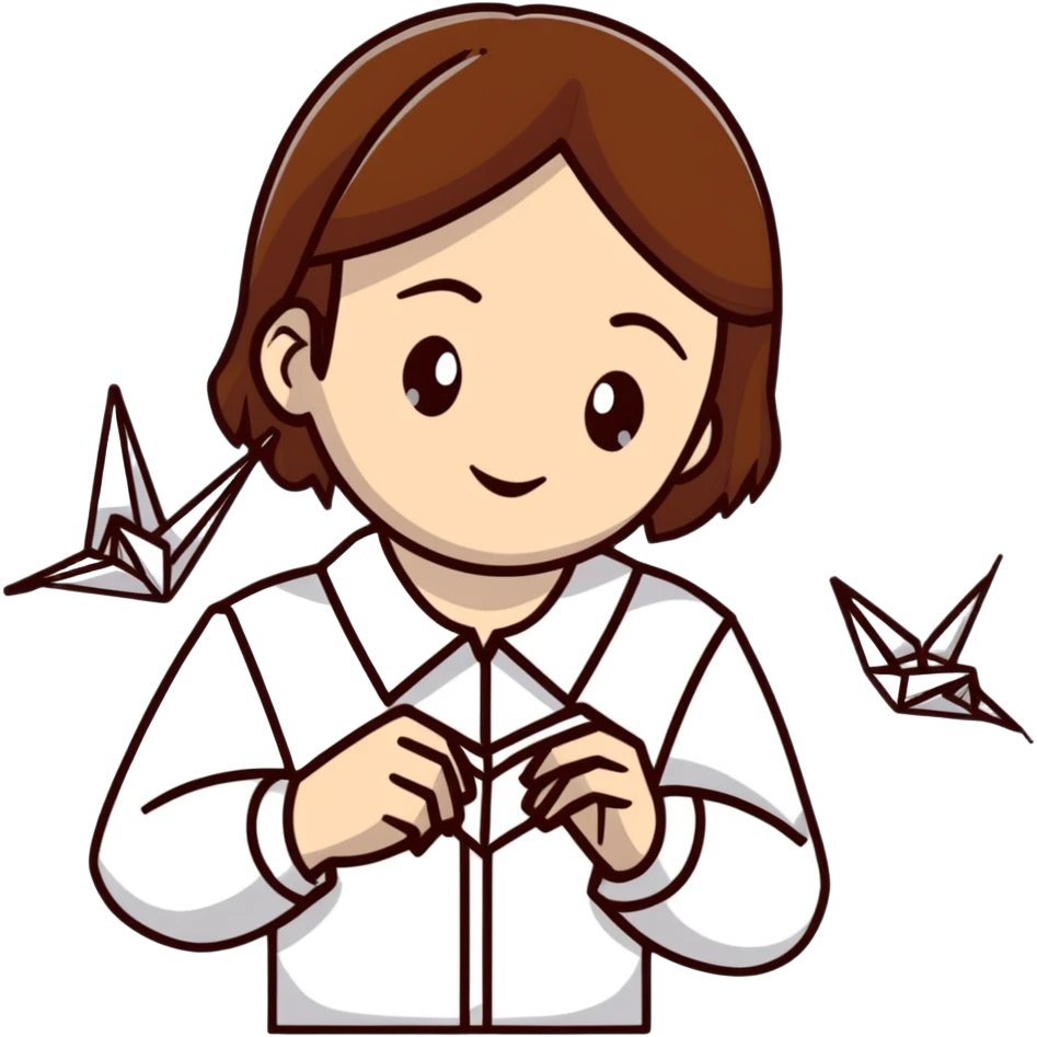 A happy Ukrainian young girl with brown hair in a white embroidered shirt makes an origami of a yellow and blue crane emoji