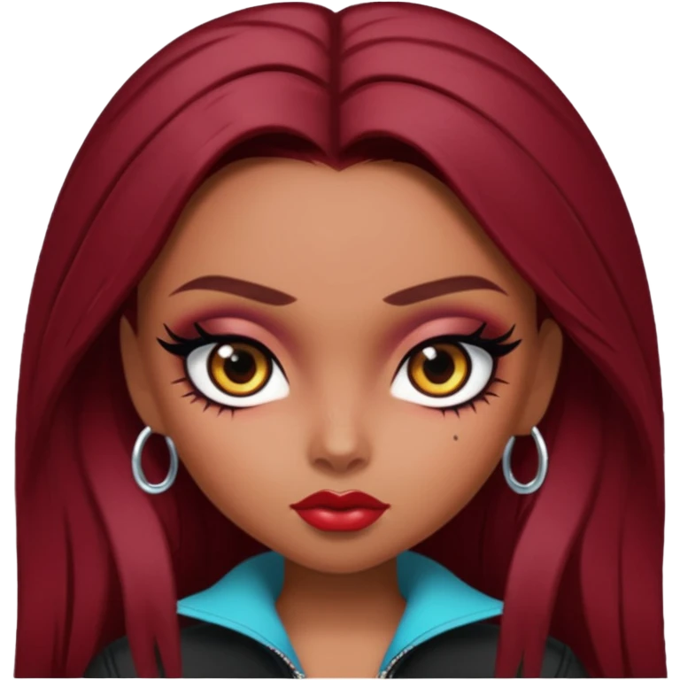 bratz baddie, beautiful eyes dark brown, eyeliner, dark red hair, middle skin emoji
