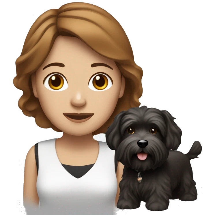caramel skinned middle aged woman with brown hair, with black/white havanese dog emoji
