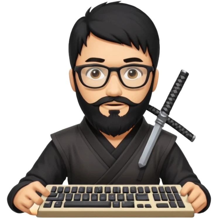 Man with black hair and beard wearing glasses in a ninja costume. Keep the top left version, make the beard longer and replace the sword with a keyboard  emoji