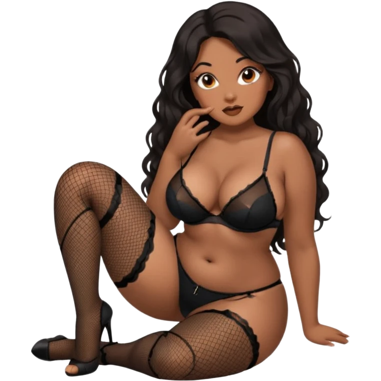 Curvy woman with brown skin with long wavy black hair, dark brown eyes. She's wearing black fishnet lingerie and black fishnet stockings, she's on her knees looking up to the camera  emoji