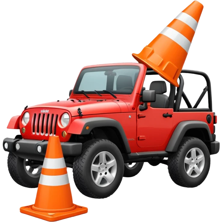red Jeep Wrangler crushing an all-white traffic cone with no stripes or markings under its tires, emoji style emoji