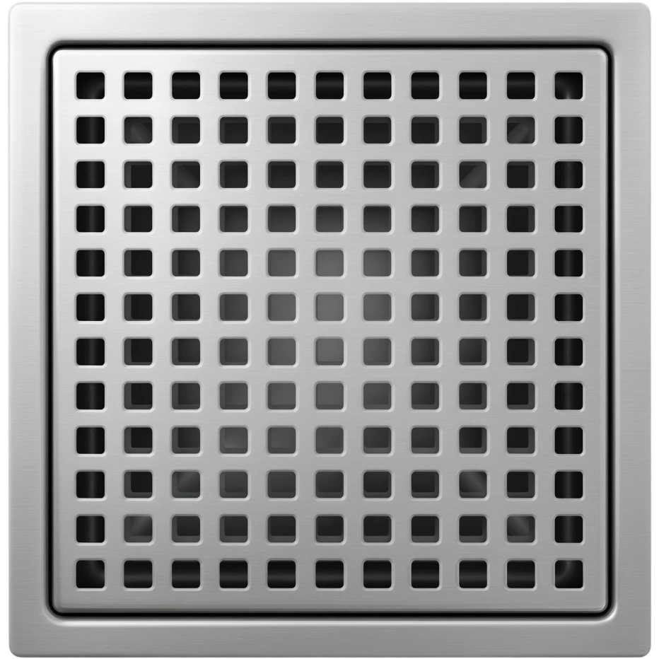 Minimal 3D style icon of a stainless steel square floor drain cover. 
Top-down view, clean geometric grid holes, subtle metallic reflection, modern bathroom hardware style. 
Centered, isolated on transparent background, soft shadow, high resolution, app icon style. emoji