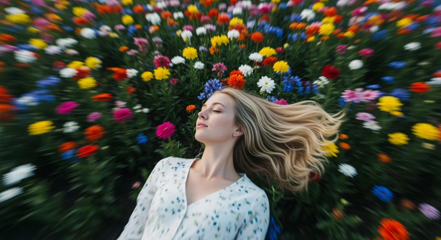 Camera drom top, Motion blur Extreme Closeup photo of a beautifull white european woman lay around beautifull colorfull flowers, cinematic light, 60/30/10 color rule, 8K, very detailed, sharp, depth (foreground, midground, background) inspired by La La Land emoji