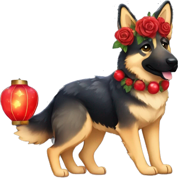 Midnight starry night stars Brindled German shepherd fox carrying glowing red lantern, fairy lights, rose flower crown emoji