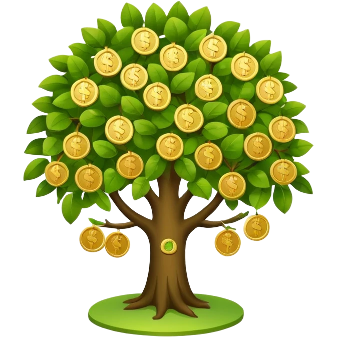 Apple-style money tree, round soft green canopy.
No pot, no ground — only the tree.
Small gold coins as fruits inside the leaves (not below).
Flat 2D vector, clean shapes, no gradients.
Dark near-black background, premium fintech icon. emoji