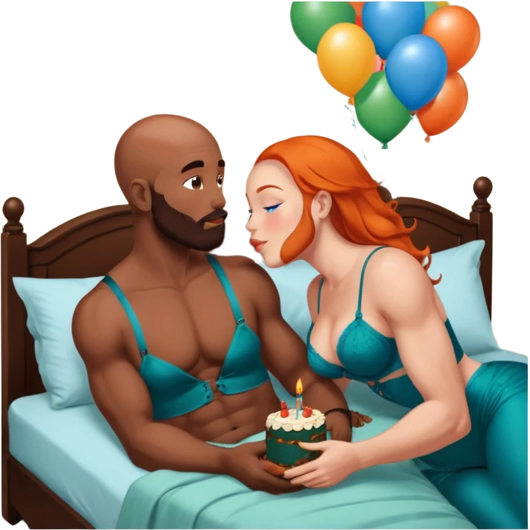 Muscular Bald white male who has a orange beard & blue eyes, kissing curvy African American dark brown woman who has long brown black hair wearing dark green lingerie Laying in bed with chocolate birthday cake and balloons  emoji