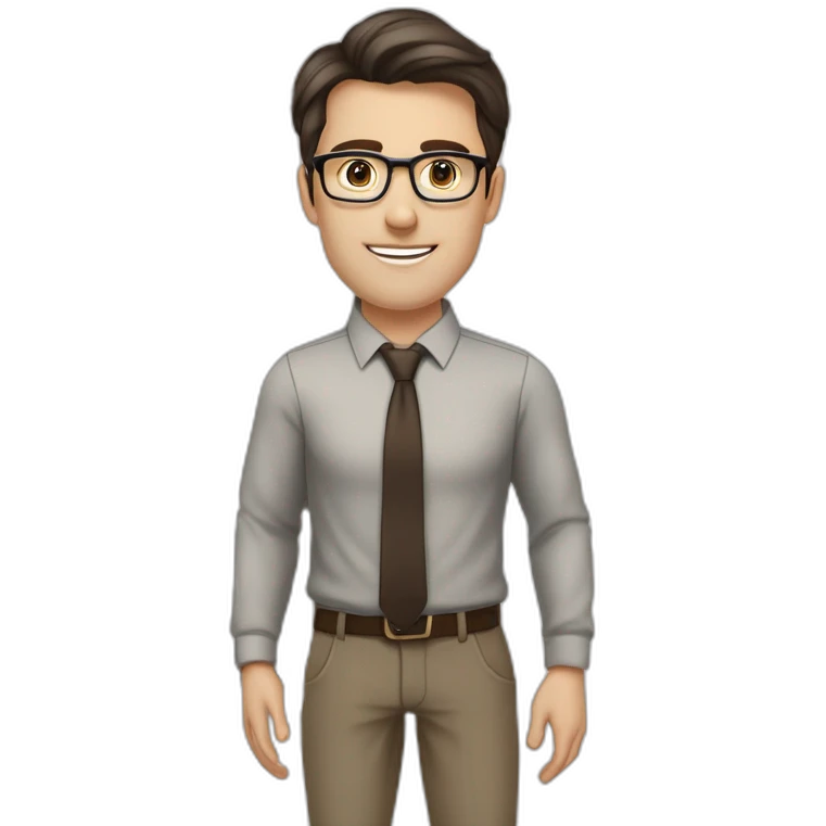 Pale skinned fit man with dark brown hair in gray jacket, beige office shirt, brown tie, brown pants and vintage glasses Writing text on the flipchart emoji