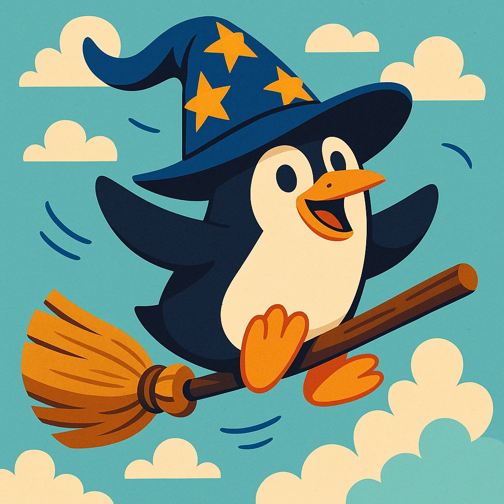 a playful penguin wizard flying on a broomstick, with a wizard hat flapping in the wind, cartoon style, fun and whimsical style emoji