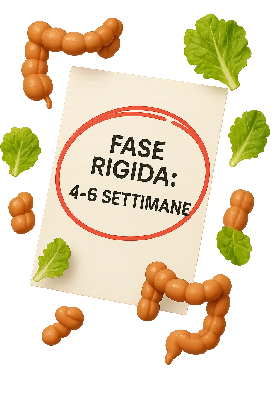 EMOJI STILE IPHONE DI UN foglio di carta fluttua in aria con la scritta "FASE RIGIDA: 4-6 SETTIMANE" CERCHIATA A PENNA IN ROSSO, ATTORNO AL FOGLIO FLUTTUANO PICCOLI TRATTI DI COLON UMANO IN STILE EMOJI E FOGLIE DI INSALATA, REALISTICA 4K emoji