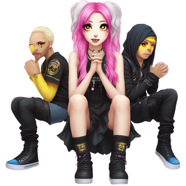 Blue eyed long eye lashes pout blonde and pink hair pale hime gyaru girl, hot pink and yellow split-dyed hair, nose ring, elf ears, dark makeup, punk clothes standing next to three diffrent men praying on their knees emoji