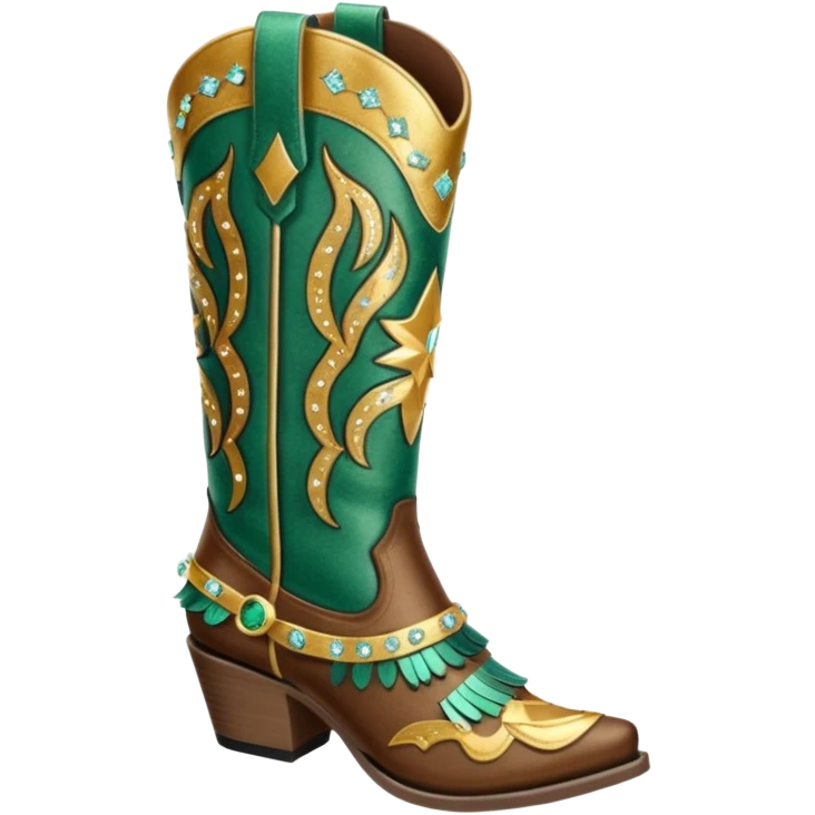Realistic emerald brown and gold fashion cowgirl boots with sparkly shiny glitter fringe on them. emoji