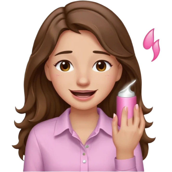 girl with wavy long brown hair, brown eyes, light to medium complexion, long lashes, light pink lipstick, wearing light pink shirt, smiling, crying laughing emoji