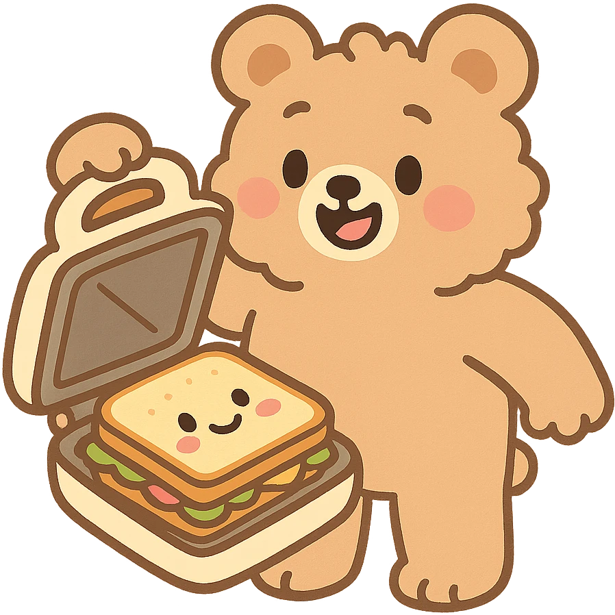 soft pastel style fluffy bear as a sandwich maker, opening with a cute sandwich inside, creamy brown, full-body emoji