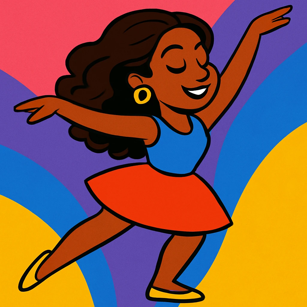 Add a vibrant, colorful background behind Dana Dawson in a dance pose, keep the original vibrant toon style emoji